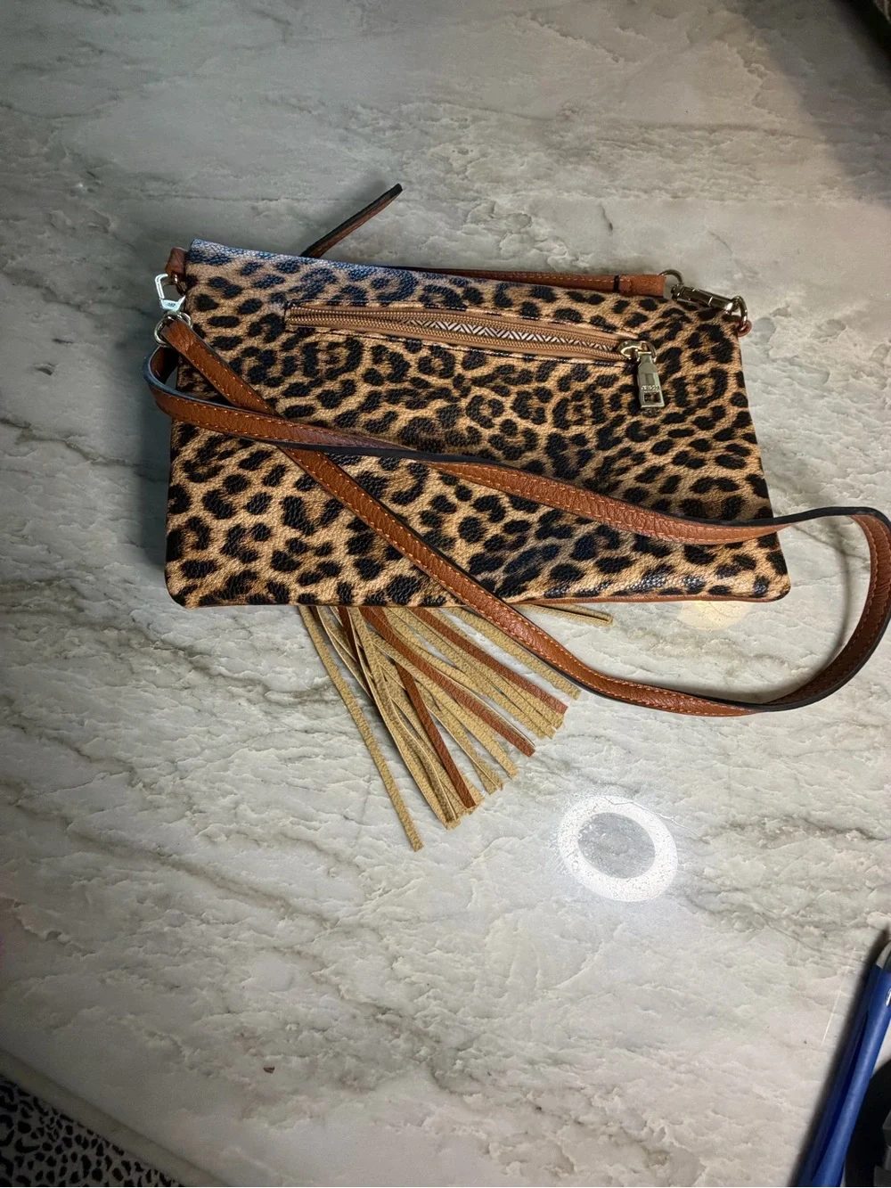 Leopard Print Fold-Over Crossbody Bag in Tan - Picture 5 of 7
